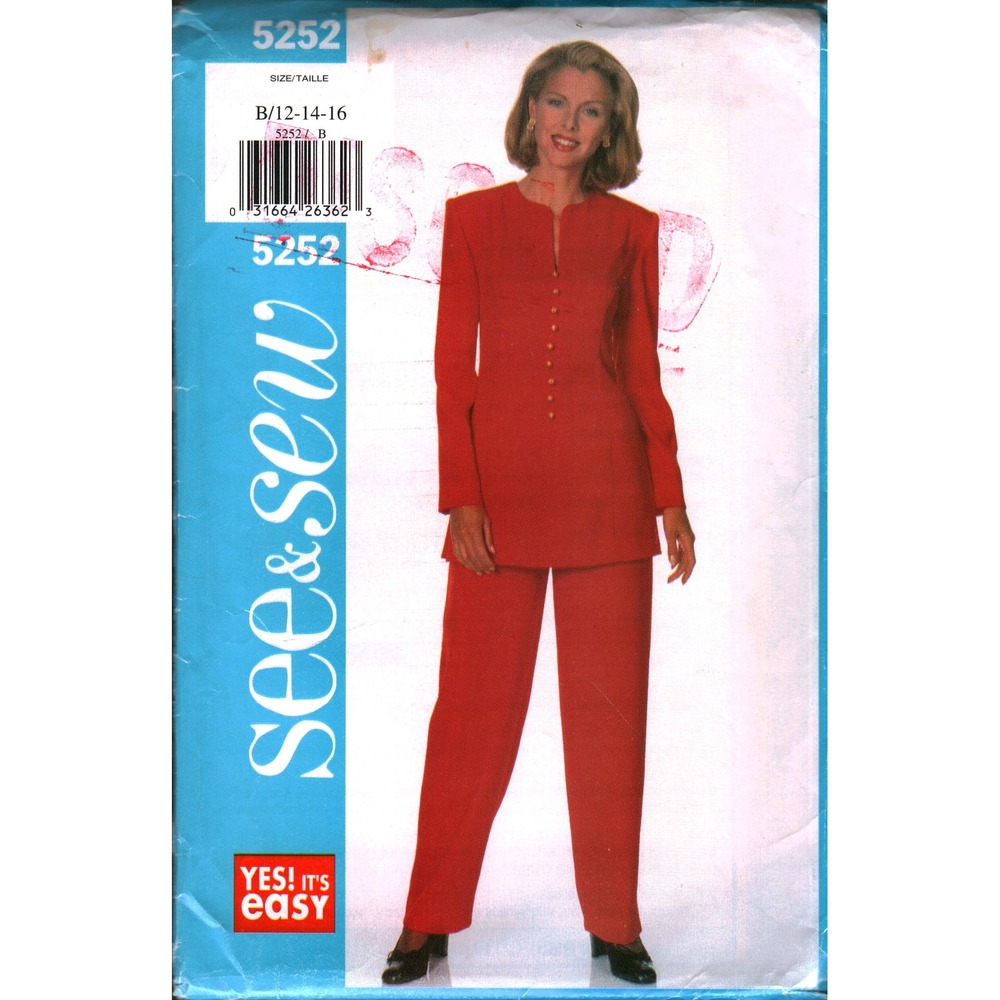 Vintage See & Sew 5252 Sewing Pattern Tunic Pants Size 12-16 Butterick 1990s